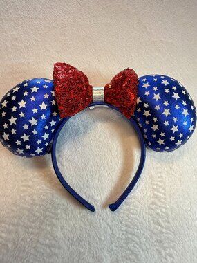 Disney Parks Red White Blue Stars & Stripes Patriotic Minnie Mouse Ears Headband